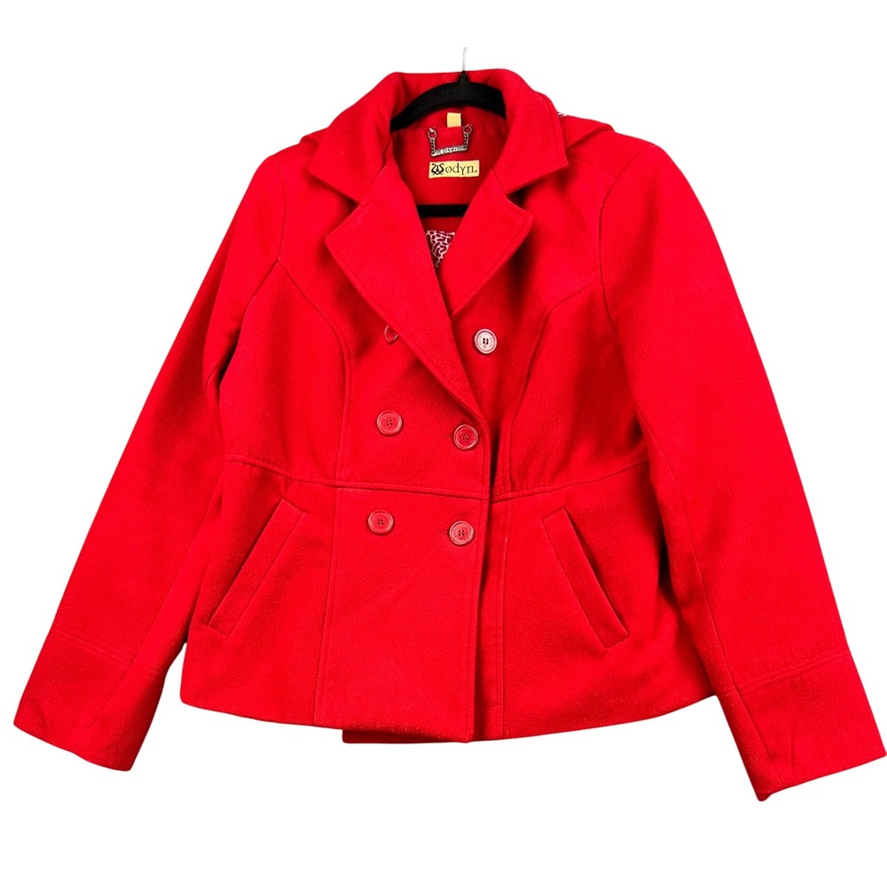 Odyn Peacoat Womens Large Hooded Double Breasted Red Leopard Print Lining Good